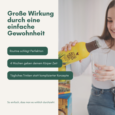 Frau schüttet Aloe Vera Gel in ein Glas + Benefits werden erklärt