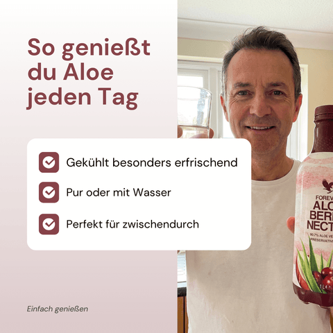 Mann mit Forever Aloe Berry Nectar 1 Liter