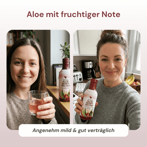Soical Proof - 2 Frauen mit dem Forever Aloe Berry Nectar – fruchtig-mildes Aloe-Vera-Getränk mit Cranberry und Apfel
