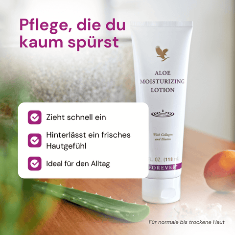 Infografik: Forever Aloe Moisturizing Lotion – leichte Feuchtigkeit für die tägliche Körperpflege