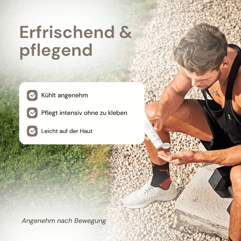 Mann nach Sport benützt Forever Aloe MSM Gel mit Aloe Vera und MSM erfrischend und pflegend