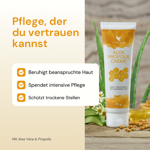 Infografik: Forever Aloe Propolis Creme – intensive Pflege für trockene Hautstellen