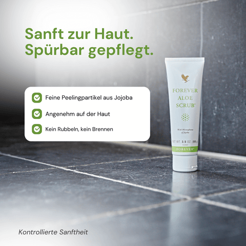 Infografik: Forever Aloe Scrub – sanftes Peeling für glatte Haut