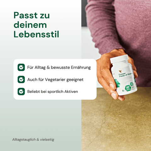 Infografik: Forever Fields of Greens – pflanzliche Mischung aus Gersten-, Weizen­gras & Alfalfa