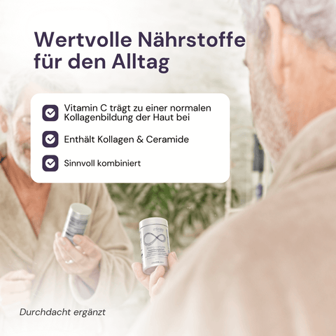 Mann hält Forever Firming Complex in der Hand + Bulletpoints