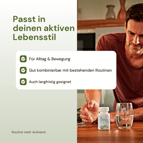 Infografik mit Mann mit Döschen: Forever Lycium Plus – Nahrungsergänzungsmittel