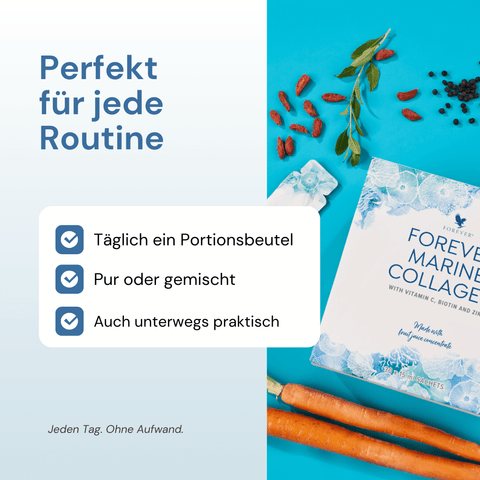 Infografik: Forever Marine Collagen – flüssiges Nahrungsergänzungsmittel mit Kollagen, Vitamin C, Biotin und Zink