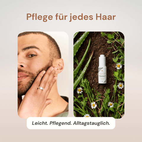Forever Nourishing Hair Oil in der Erde + Mann trägt Haaröl auf Bart auf