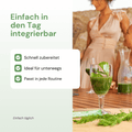 Glas mit Forever Supergreens mit Frau im Hintergrund und Infografik