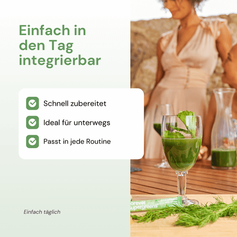 Glas mit Forever Supergreens mit Frau im Hintergrund und Infografik